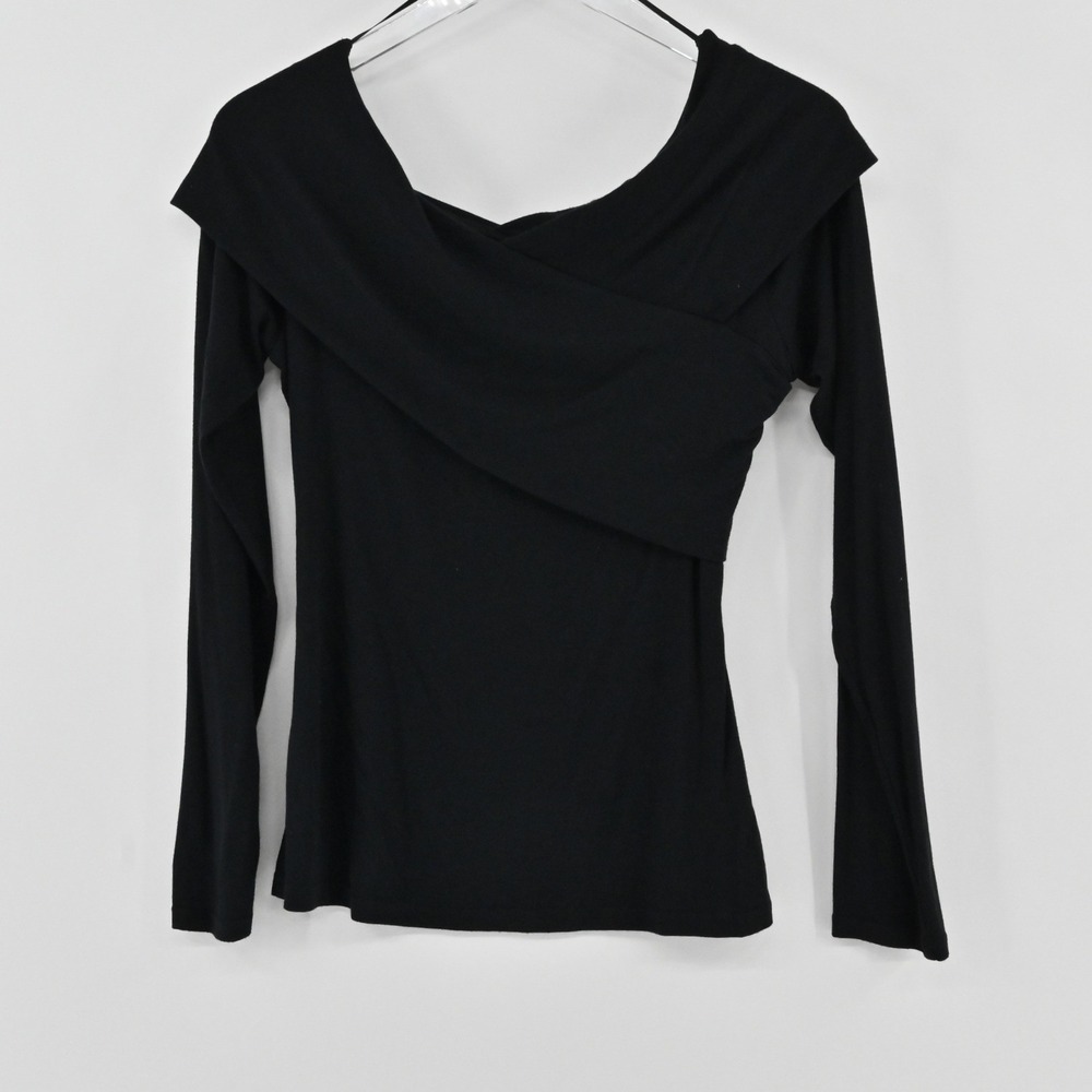 Theory Kellay Ribbed Top Womens Size M Black Off Shoulder Wrap Long Sleeve Chic